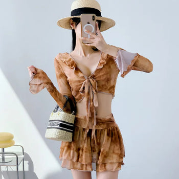 Brown tie-dye frill piece bikini swimsuit