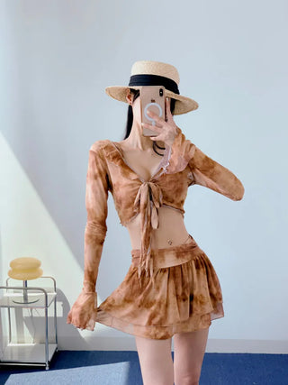 Brown tie-dye frill piece bikini swimsuit