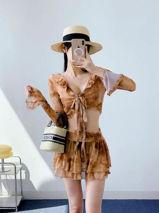 Brown tie-dye frill piece bikini swimsuit