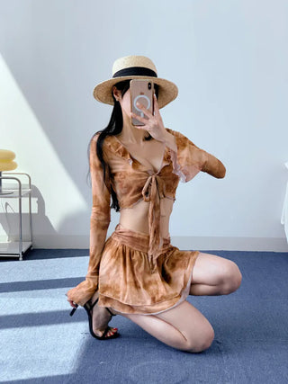 Brown tie-dye frill piece bikini swimsuit