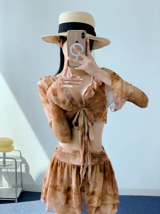 Brown tie-dye frill piece bikini swimsuit