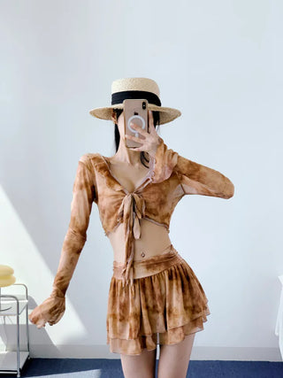 Brown tie-dye frill piece bikini swimsuit