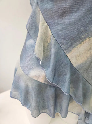High-Qul Blue Tie-Dye Gradient One-Piece Swimsuit | Frill Details & Built-in Shorts