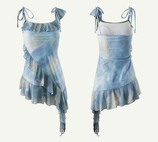 High-Qul Blue Tie-Dye Gradient One-Piece Swimsuit | Frill Details & Built-in Shorts