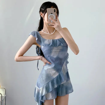 High-Qul Blue Tie-Dye Gradient One-Piece Swimsuit | Frill Details & Built-in Shorts
