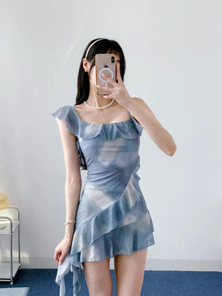 High-Qul Blue Tie-Dye Gradient One-Piece Swimsuit | Frill Details & Built-in Shorts
