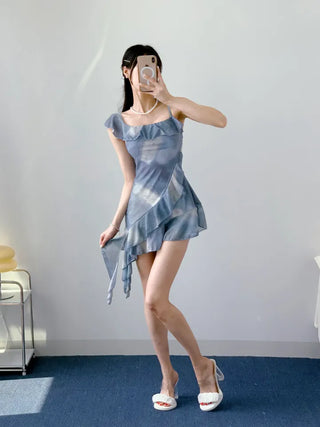 High-Qul Blue Tie-Dye Gradient One-Piece Swimsuit | Frill Details & Built-in Shorts