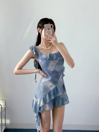High-Qul Blue Tie-Dye Gradient One-Piece Swimsuit | Frill Details & Built-in Shorts