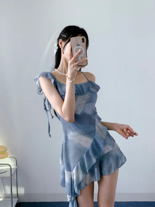 High-Qul Blue Tie-Dye Gradient One-Piece Swimsuit | Frill Details & Built-in Shorts
