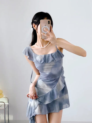High-Qul Blue Tie-Dye Gradient One-Piece Swimsuit | Frill Details & Built-in Shorts