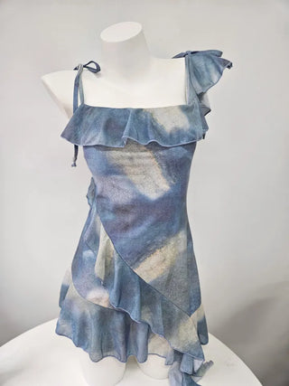 High-Qul Blue Tie-Dye Gradient One-Piece Swimsuit | Frill Details & Built-in Shorts