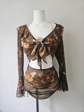 Butterfly piece bikini brown halter neck butterfly frill shirring body-covering belly-covering swimsuit