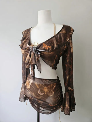 Butterfly piece bikini brown halter neck butterfly frill shirring body-covering belly-covering swimsuit