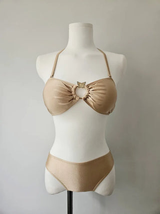 Butterfly piece bikini brown halter neck butterfly frill shirring body-covering belly-covering swimsuit