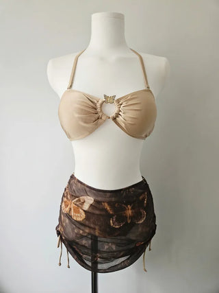 Butterfly piece bikini brown halter neck butterfly frill shirring body-covering belly-covering swimsuit