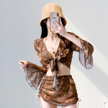 Butterfly piece bikini brown halter neck butterfly frill shirring body-covering belly-covering swimsuit