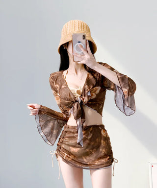 Butterfly piece bikini brown halter neck butterfly frill shirring body-covering belly-covering swimsuit