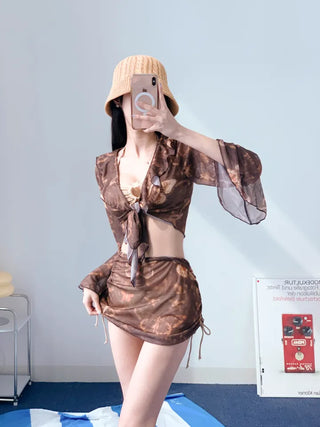 Butterfly piece bikini brown halter neck butterfly frill shirring body-covering belly-covering swimsuit