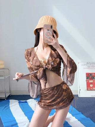Butterfly piece bikini brown halter neck butterfly frill shirring body-covering belly-covering swimsuit
