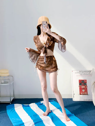 Butterfly piece bikini brown halter neck butterfly frill shirring body-covering belly-covering swimsuit