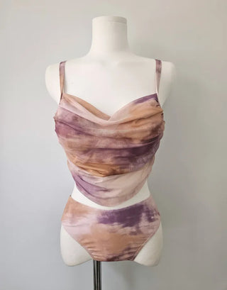 Purple Gradient Three-Piece Bikini 3pcs Tummy Cover Swimsuit with See-Through Mesh Skirt