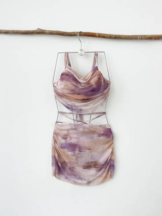 Purple Gradient Three-Piece Bikini 3pcs Tummy Cover Swimsuit with See-Through Mesh Skirt