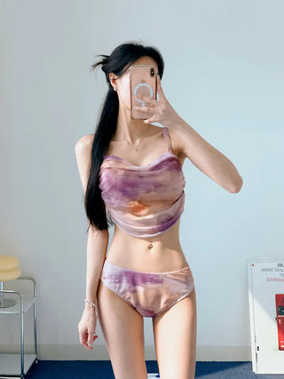 Purple Gradient Three-Piece Bikini 3pcs Tummy Cover Swimsuit with See-Through Mesh Skirt