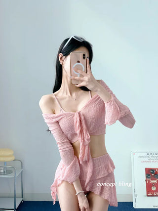 Pink Frill Piece Bikini Cardigan Skirt Included 4 Piece Body Covering Belly Covering Swimsuit