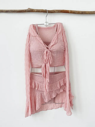 Pink Frill Piece Bikini Cardigan Skirt Included 4 Piece Body Covering Belly Covering Swimsuit