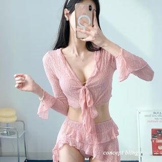 Pink Frill Piece Bikini Cardigan Skirt Included 4 Piece Body Covering Belly Covering Swimsuit