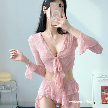Pink Frill Piece Bikini Cardigan Skirt Included 4 Piece Body Covering Belly Covering Swimsuit