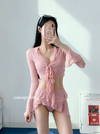 Pink Frill Piece Bikini Cardigan Skirt Included 4 Piece Body Covering Belly Covering Swimsuit