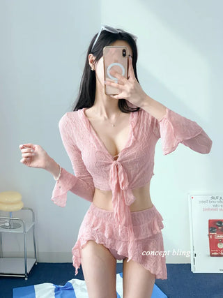 Pink Frill Piece Bikini Cardigan Skirt Included 4 Piece Body Covering Belly Covering Swimsuit