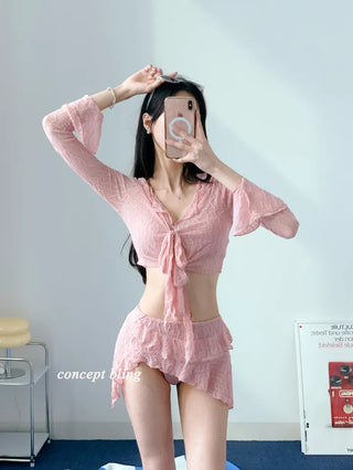 Pink Frill Piece Bikini Cardigan Skirt Included 4 Piece Body Covering Belly Covering Swimsuit