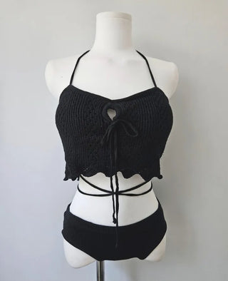 Knit black beige bikini strap punching swimsuit resort look vacation look festival look