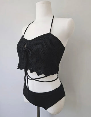 Knit black beige bikini strap punching swimsuit resort look vacation look festival look