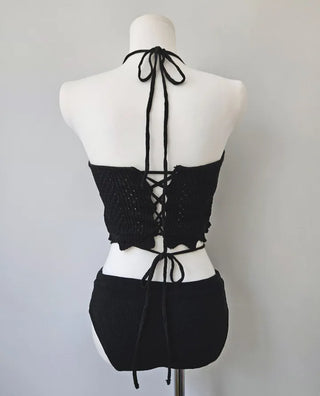 Knit black beige bikini strap punching swimsuit resort look vacation look festival look