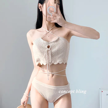 Knit black beige bikini strap punching swimsuit resort look vacation look festival look