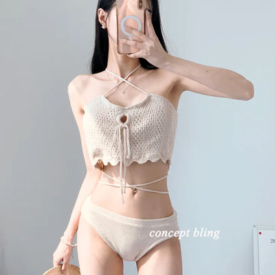 Knit black beige bikini strap punching swimsuit resort look vacation look festival look