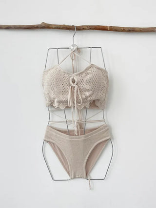 Knit black beige bikini strap punching swimsuit resort look vacation look festival look