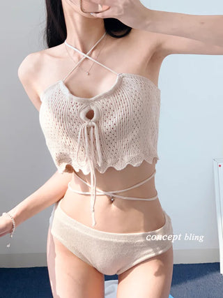 Knit black beige bikini strap punching swimsuit resort look vacation look festival look