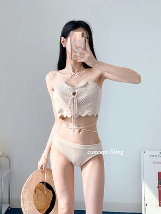 Knit black beige bikini strap punching swimsuit resort look vacation look festival look