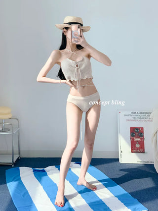 Knit black beige bikini strap punching swimsuit resort look vacation look festival look