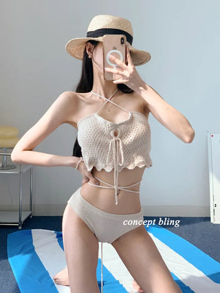 Knit black beige bikini strap punching swimsuit resort look vacation look festival look