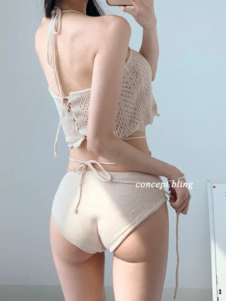 Knit black beige bikini strap punching swimsuit resort look vacation look festival look