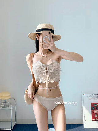 Knit black beige bikini strap punching swimsuit resort look vacation look festival look
