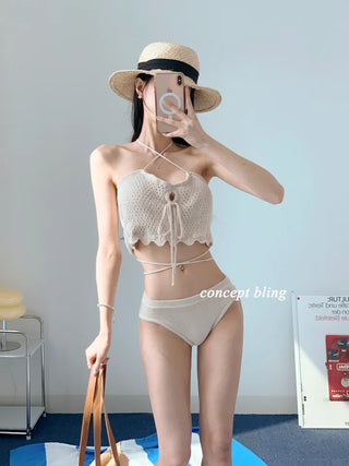 Knit black beige bikini strap punching swimsuit resort look vacation look festival look