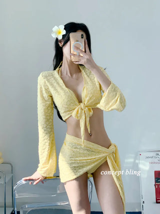 color pink yellow piece bikini with 4pcs cardigan wrap skirt included cover-up butterfly body cover belly cover swimsuit