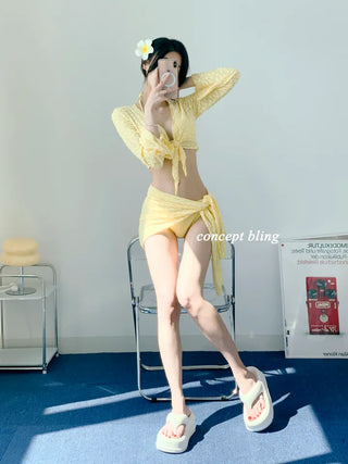 color pink yellow piece bikini with 4pcs cardigan wrap skirt included cover-up butterfly body cover belly cover swimsuit