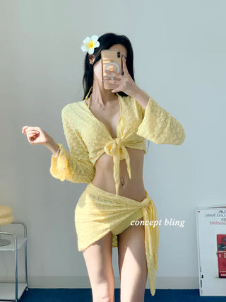 color pink yellow piece bikini with 4pcs cardigan wrap skirt included cover-up butterfly body cover belly cover swimsuit